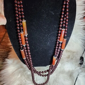Vintage Coldwater Creek triple strand knotted‎ pearl and carnelian necklace